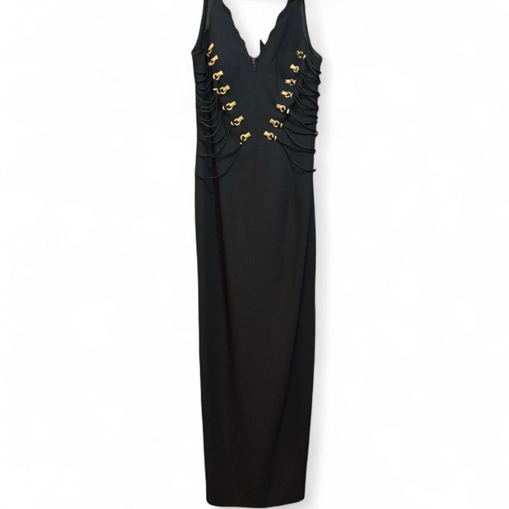 Black and gold Creative Creations maxi dress with gold hardware